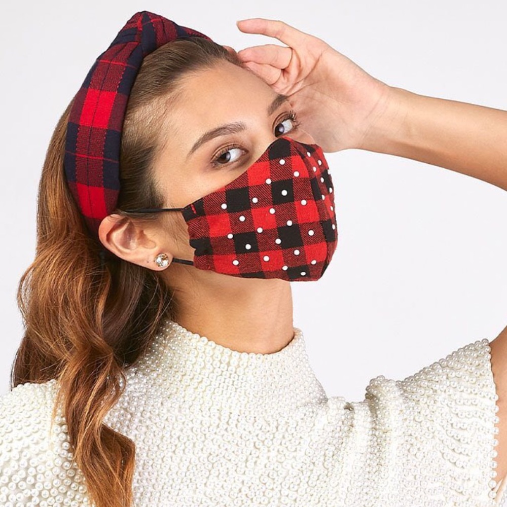LELE SADOUGHI BUFFALO CHECK WITH PEARLS FACE MASK RED BLACK NWT